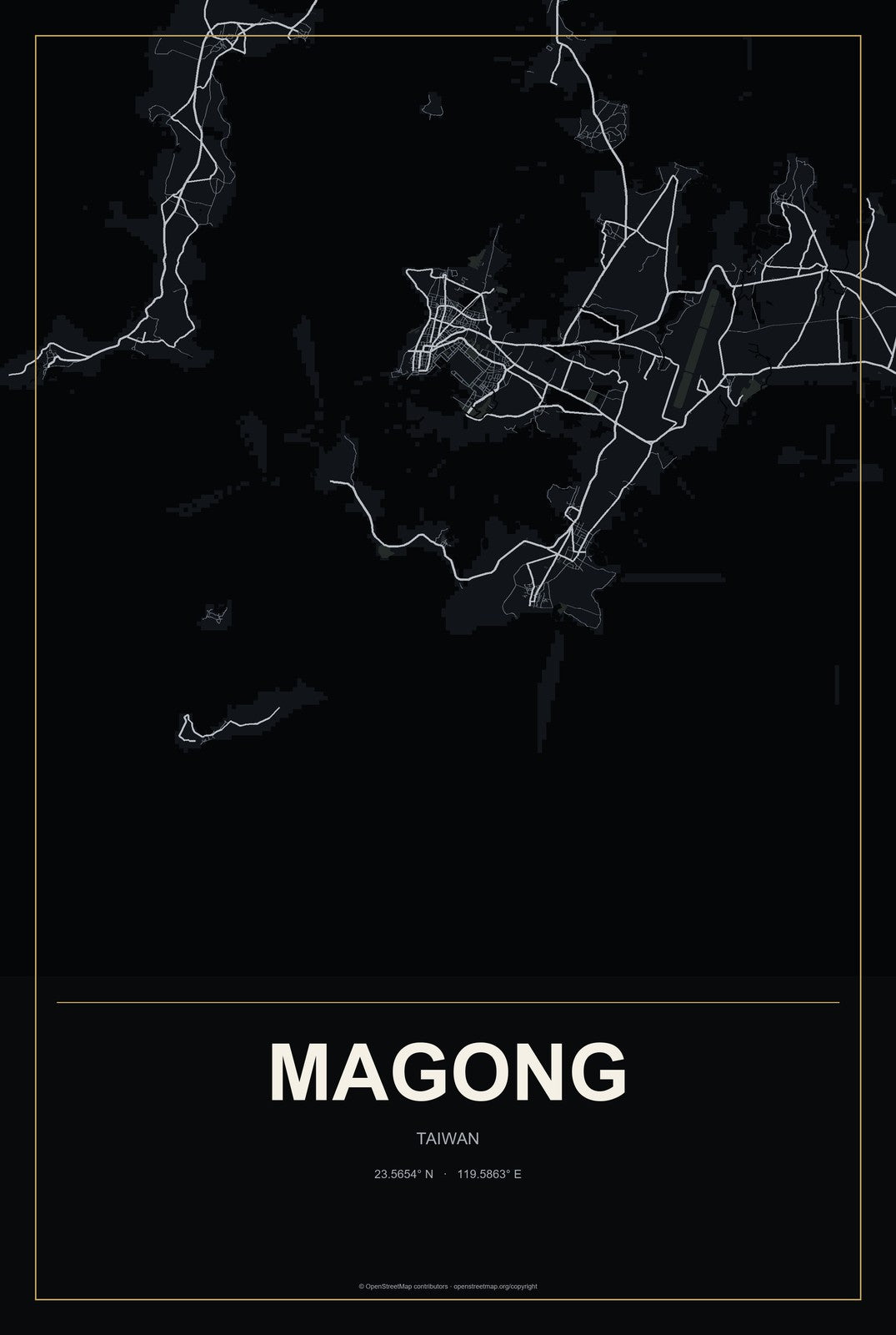 Magong, Taiwan City Map Aluminum Sign in Metropolitan Noir style