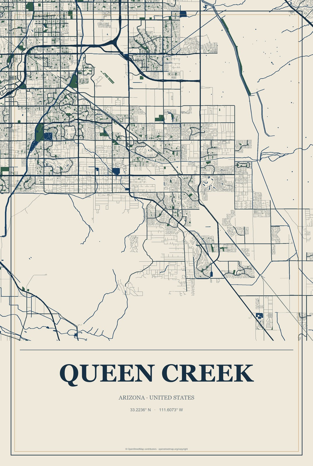 Queen Creek, Arizona City Map Aluminum Sign in Coastal Cutout style