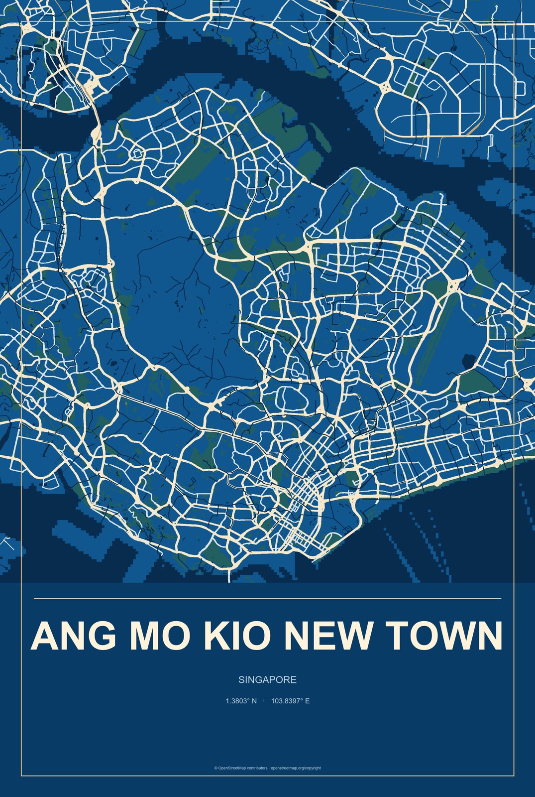 Ang Mo Kio New Town, Singapore City Map Aluminum Sign in Harbor Cobalt style