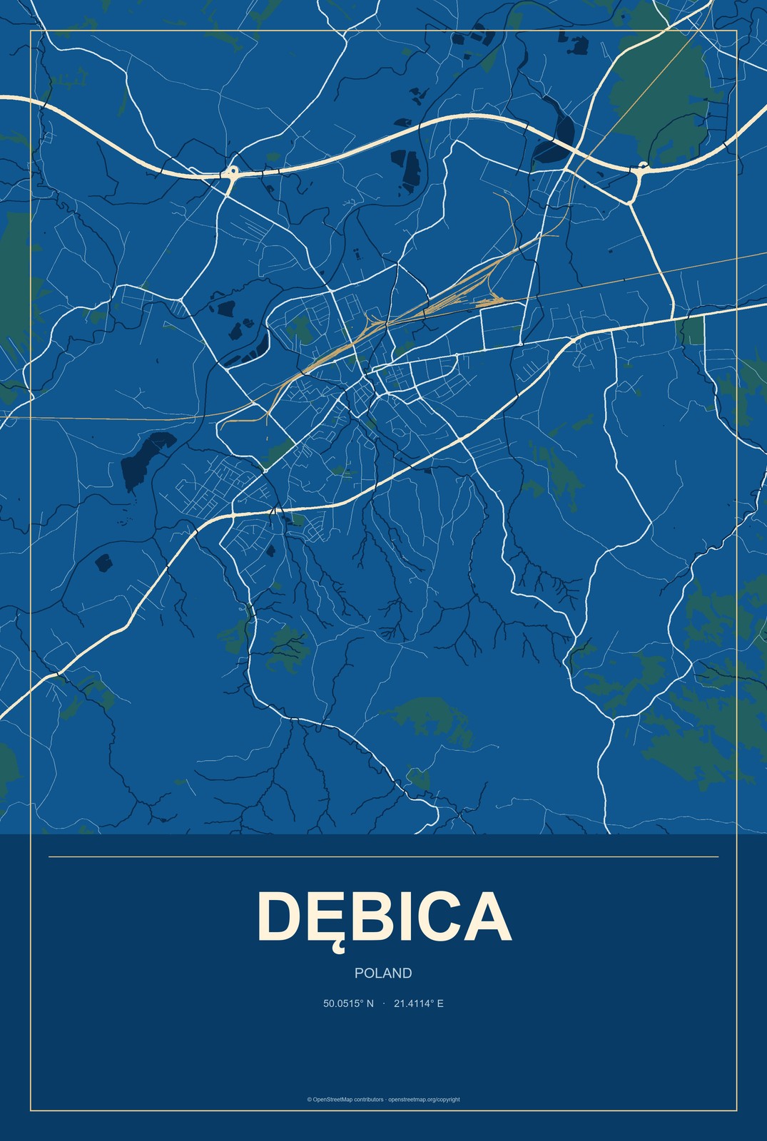 Dębica, Poland City Map Aluminum Sign in Harbor Cobalt style