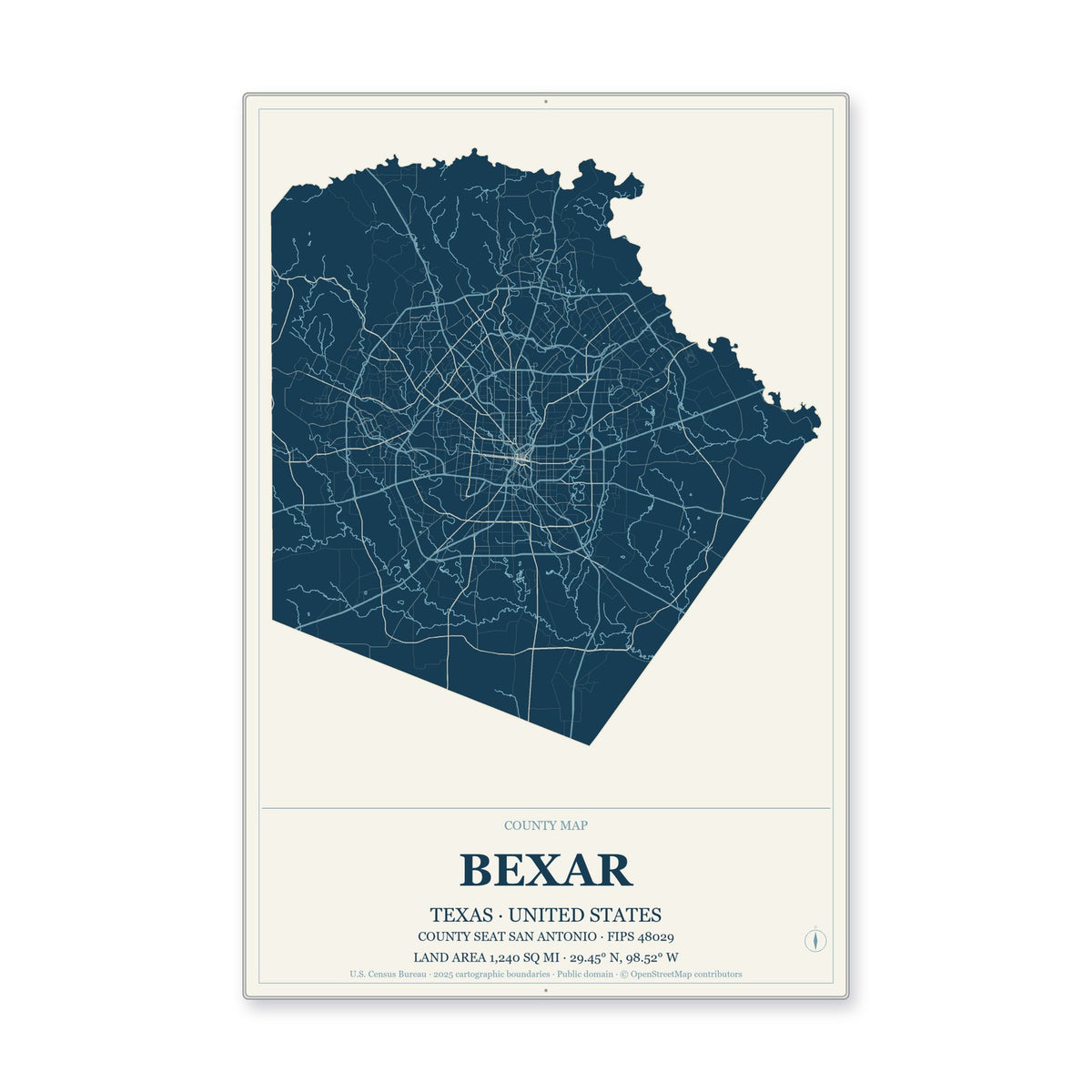 Bexar County, Texas Map Aluminum Sign in Coastal Cutout style