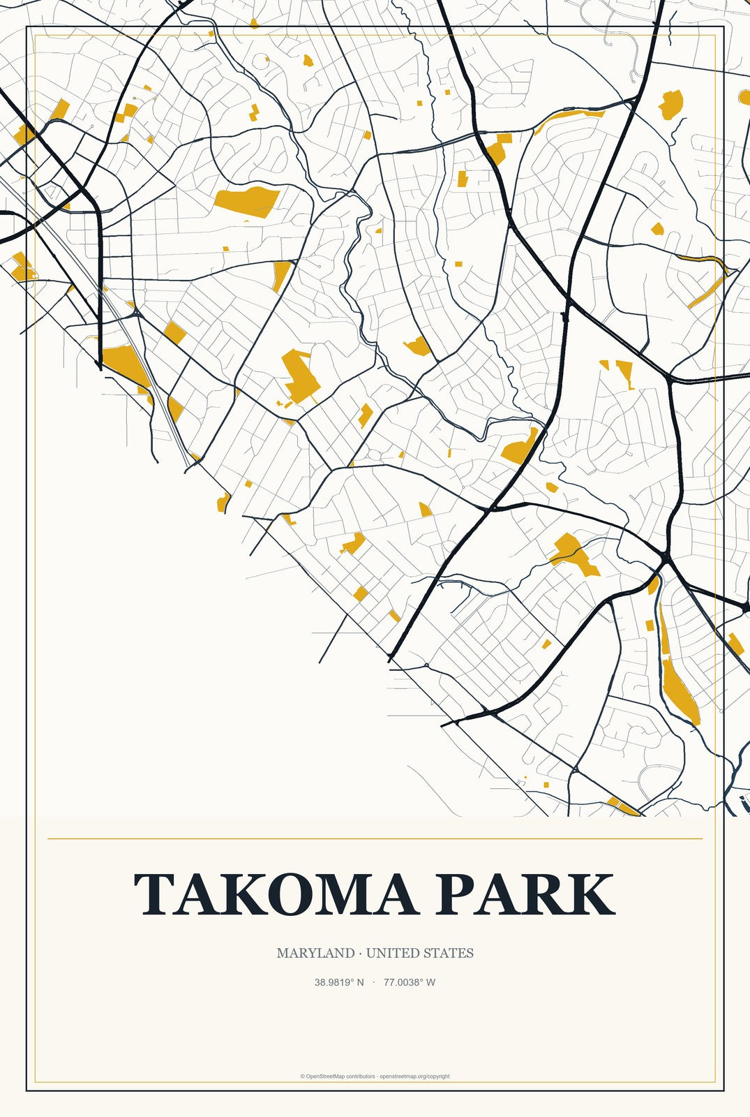 Takoma Park, Maryland City Map Aluminum Sign in Citrine Modern style