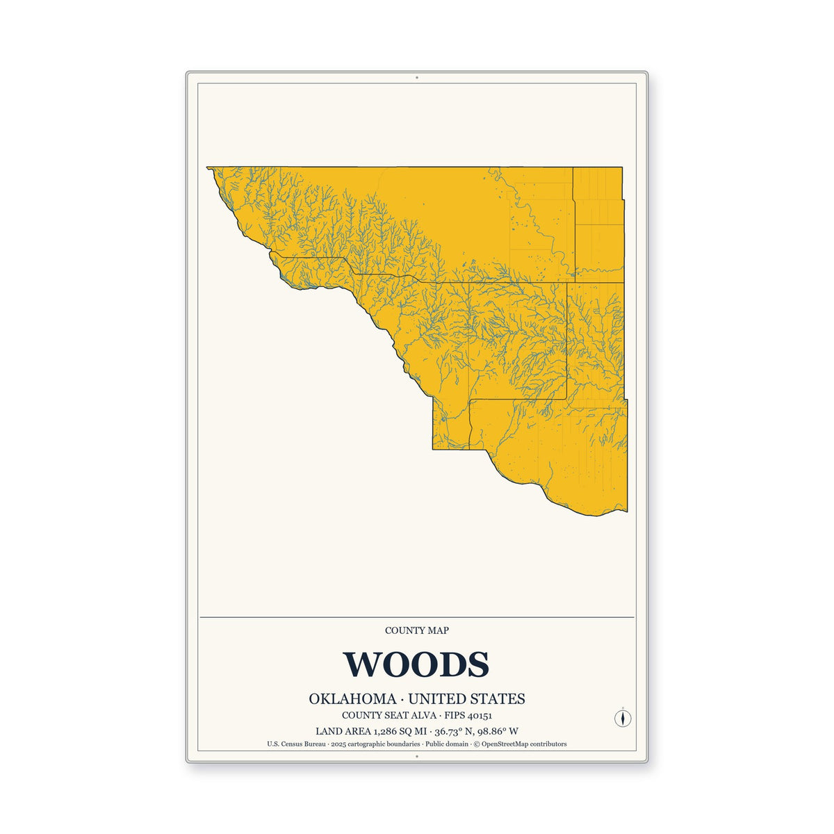 Woods County, Oklahoma Map Aluminum Sign in Citrine Modern style