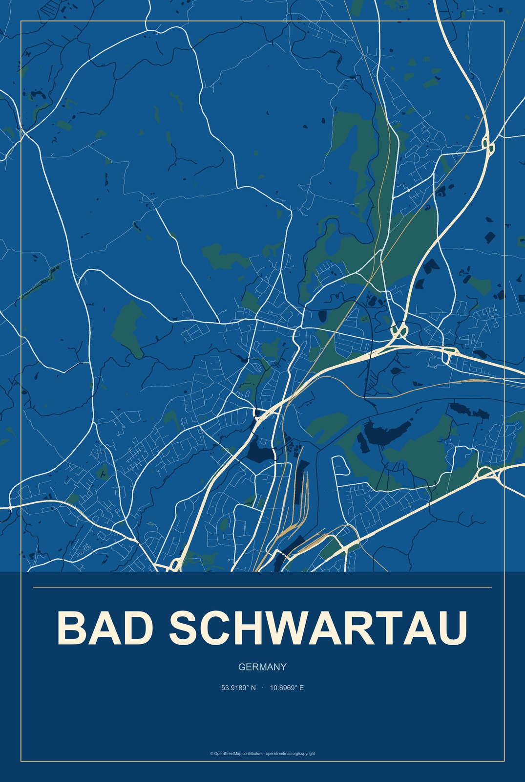 Bad Schwartau, Germany City Map Aluminum Sign in Harbor Cobalt style
