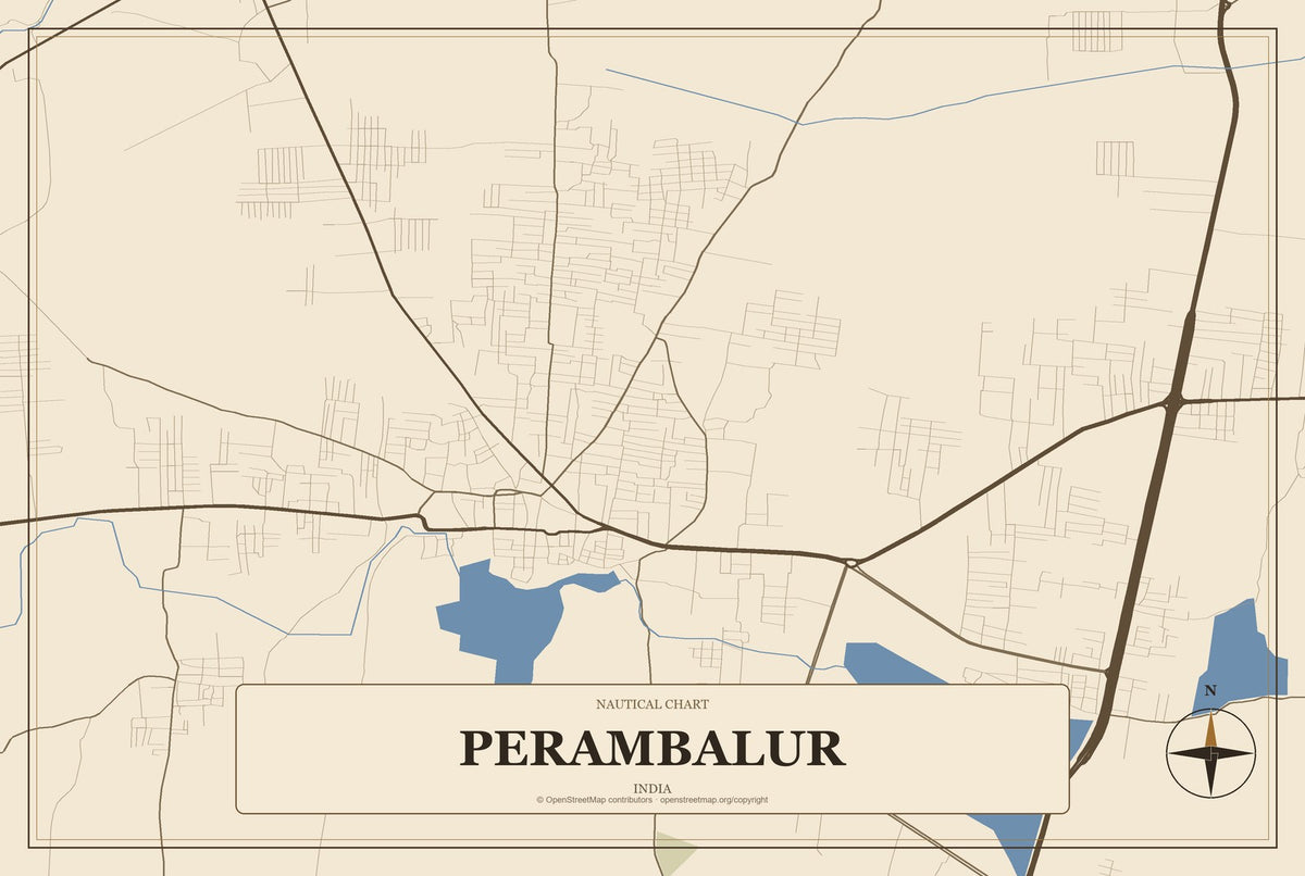 Perambalur, India City Map Aluminum Sign in Heritage Nautical style