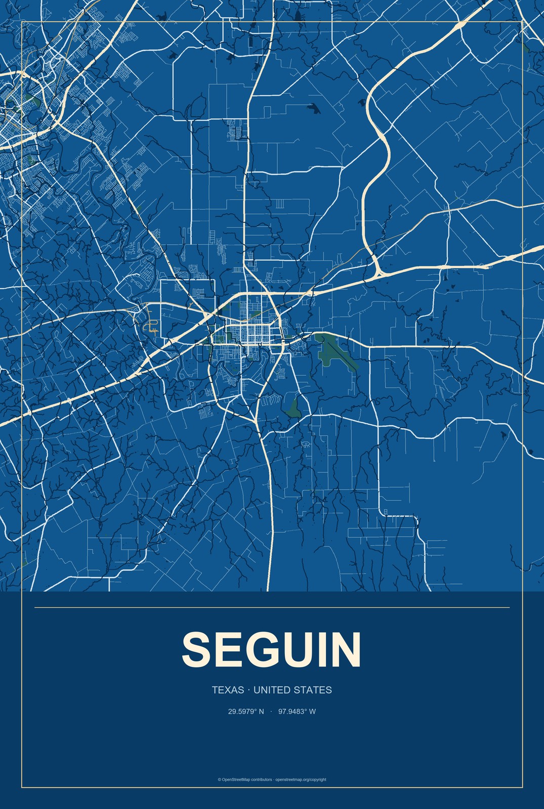 Seguin, Texas City Map Aluminum Sign in Harbor Cobalt style