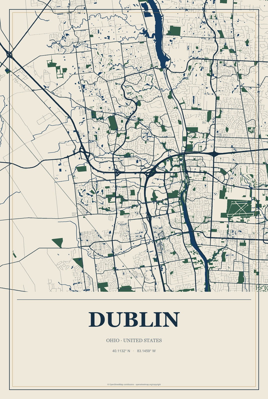 Dublin, Ohio City Map Aluminum Sign in Coastal Cutout style