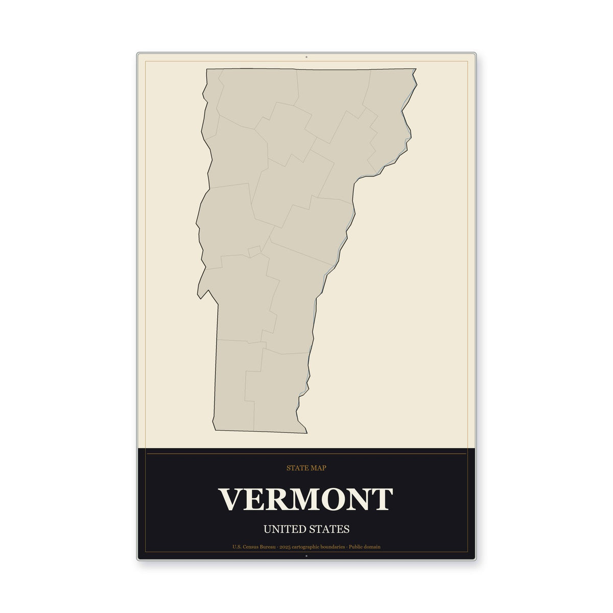 Vermont state map aluminum sign in Museum Plaque style