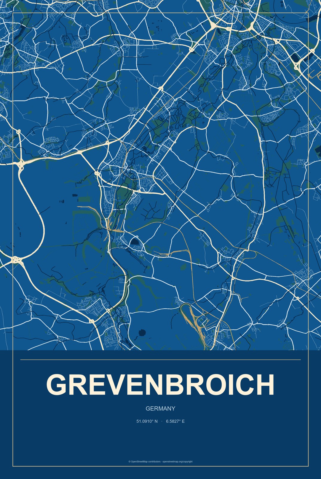 Grevenbroich, Germany City Map Aluminum Sign in Harbor Cobalt style