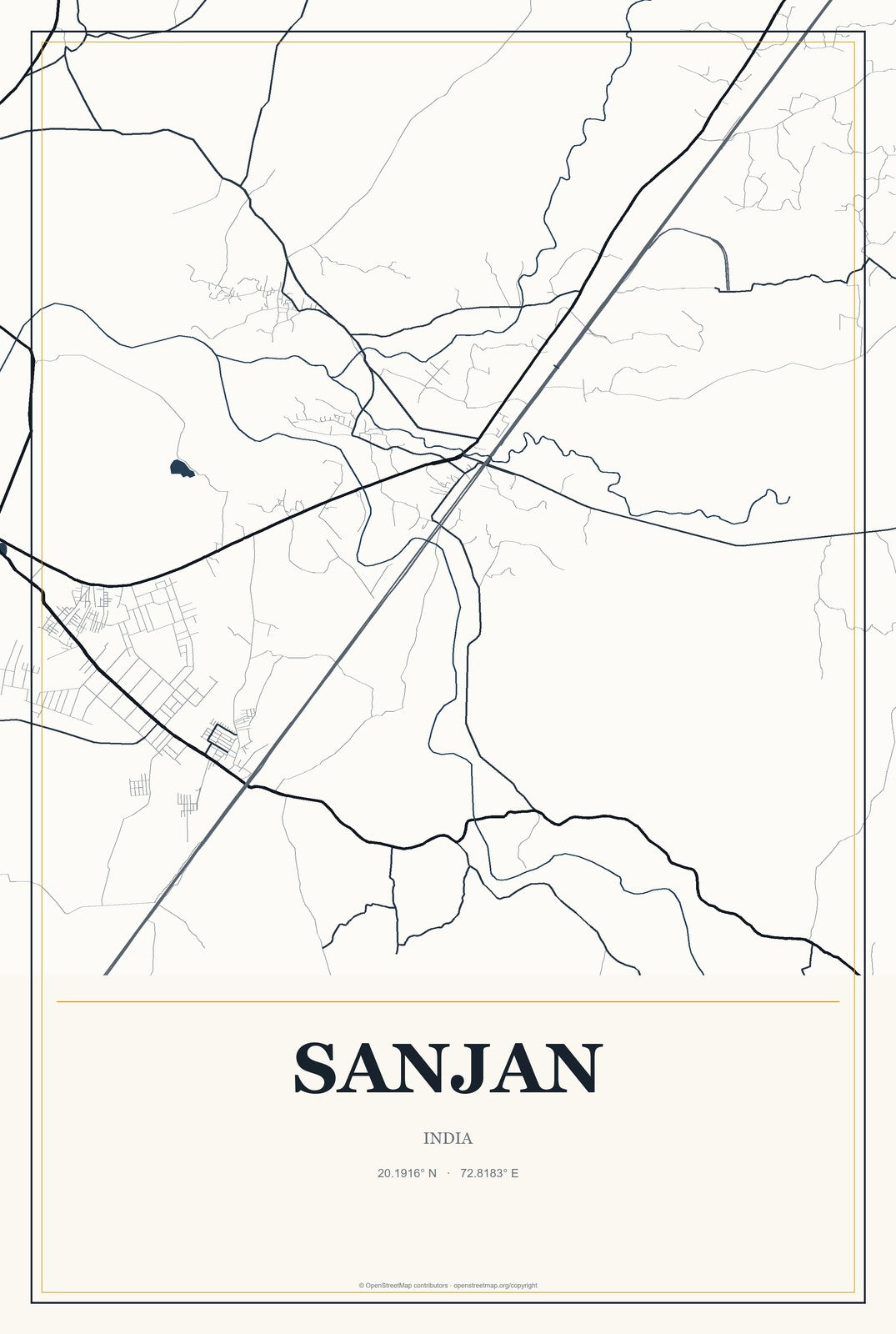 Sanjan, India City Map Aluminum Sign in Citrine Modern style