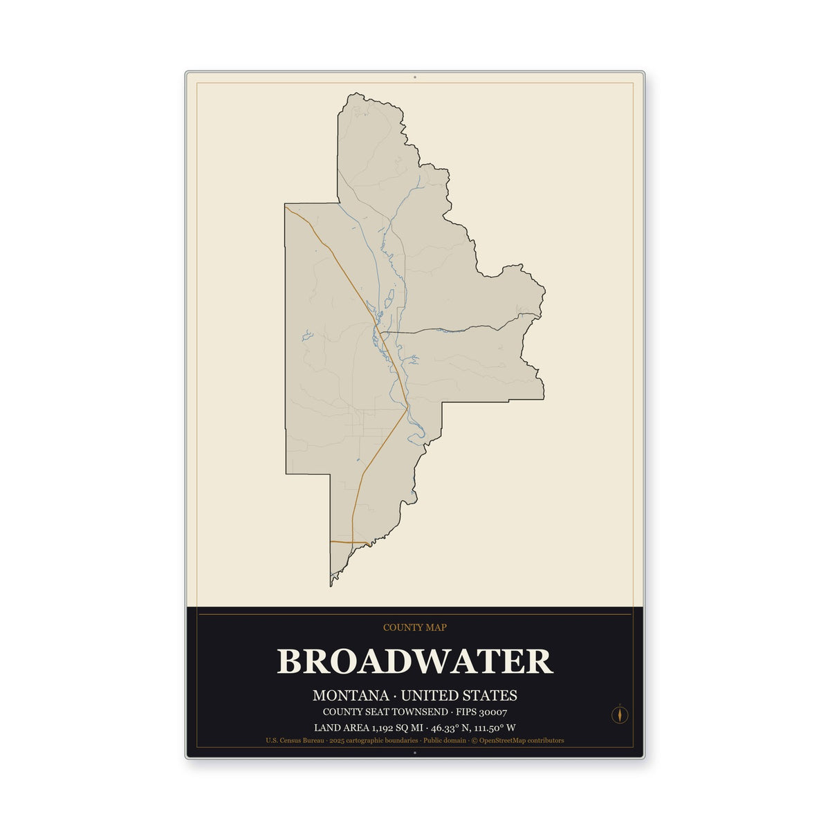 Broadwater County, Montana Map Aluminum Sign in Museum Plaque style