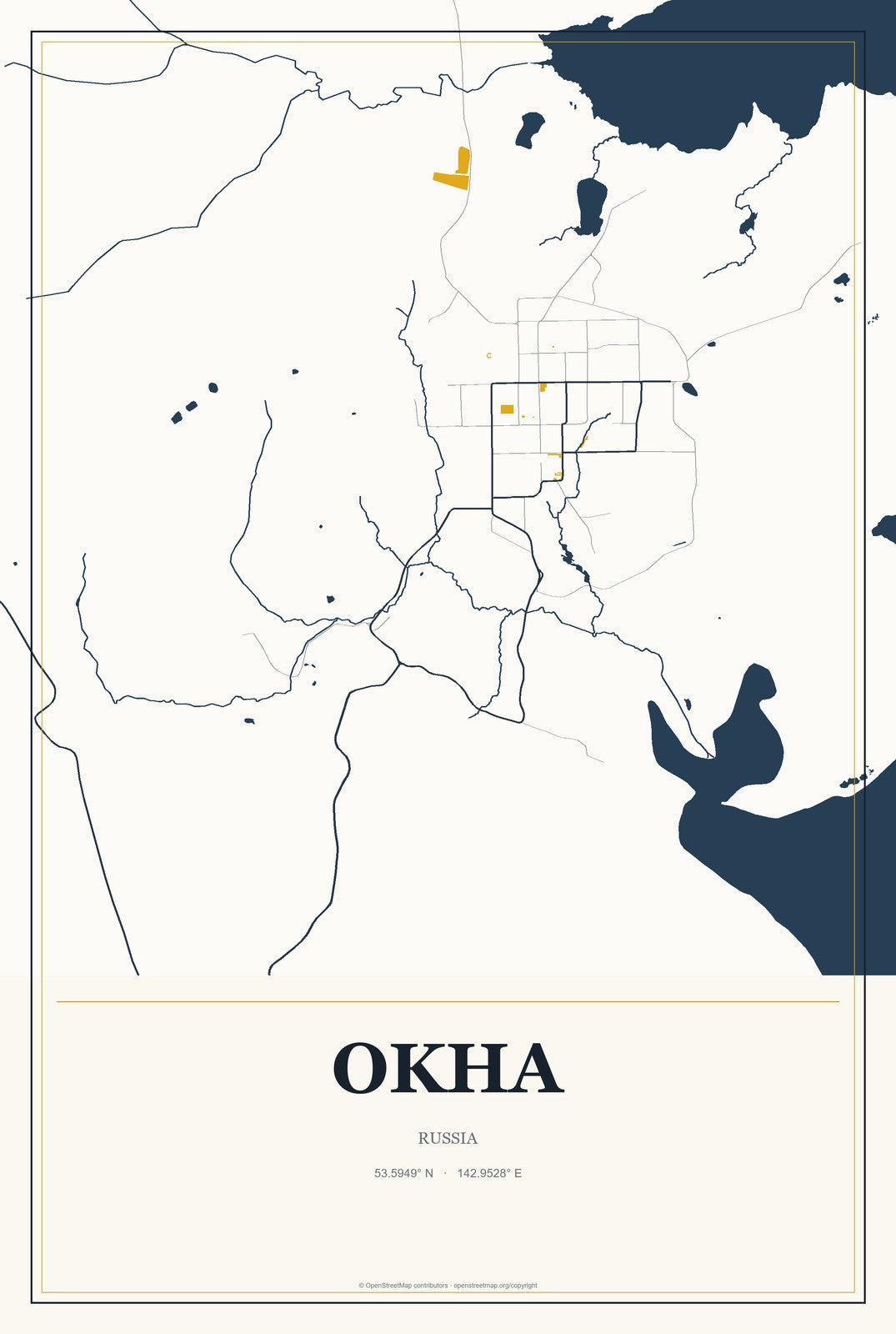 Okha, Russia City Map Aluminum Sign in Citrine Modern style