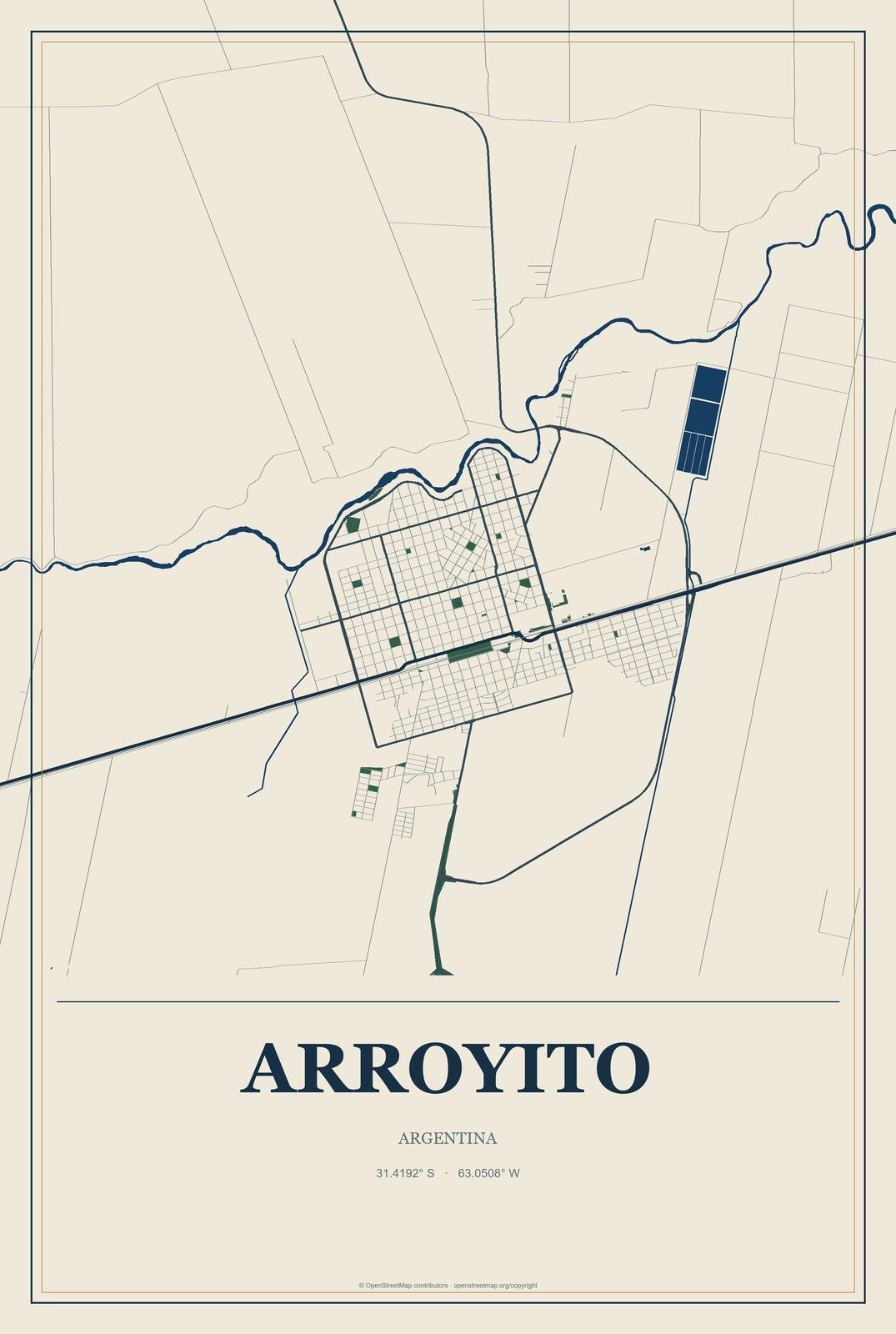 Arroyito, Argentina City Map Aluminum Sign in Coastal Cutout style