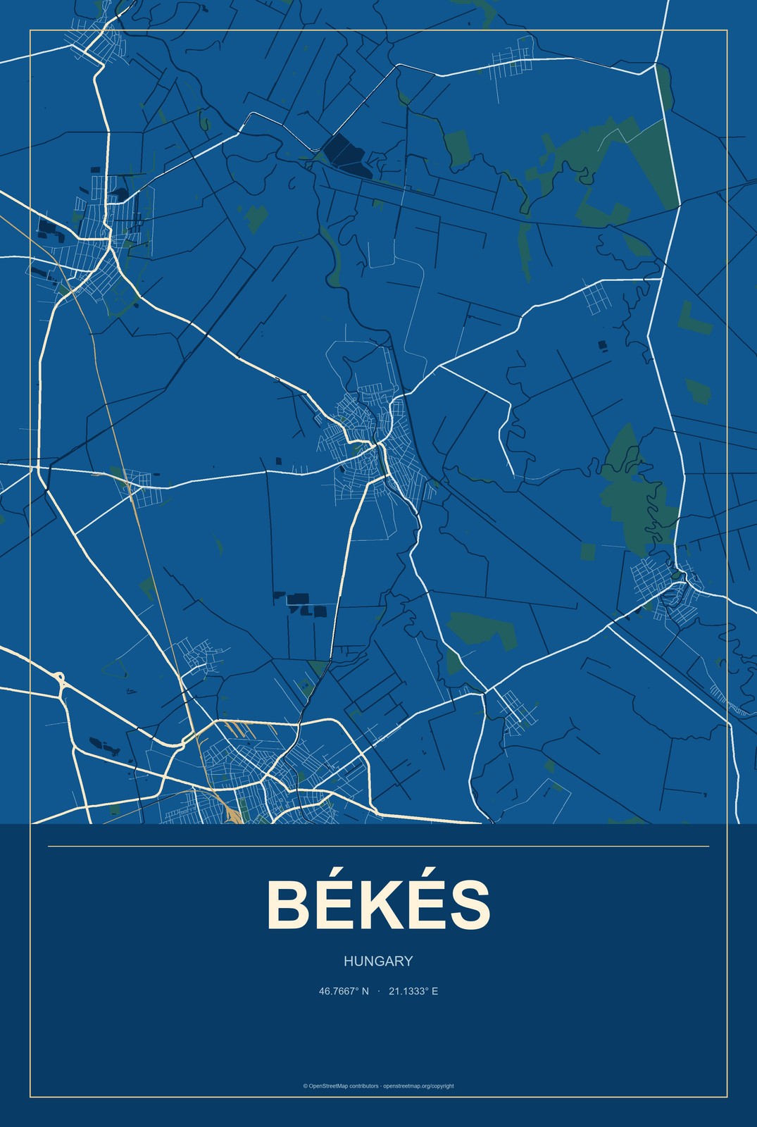 Békés, Hungary City Map Aluminum Sign in Harbor Cobalt style