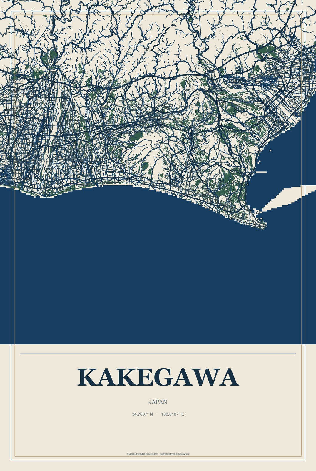 Kakegawa, Japan City Map Aluminum Sign in Coastal Cutout style