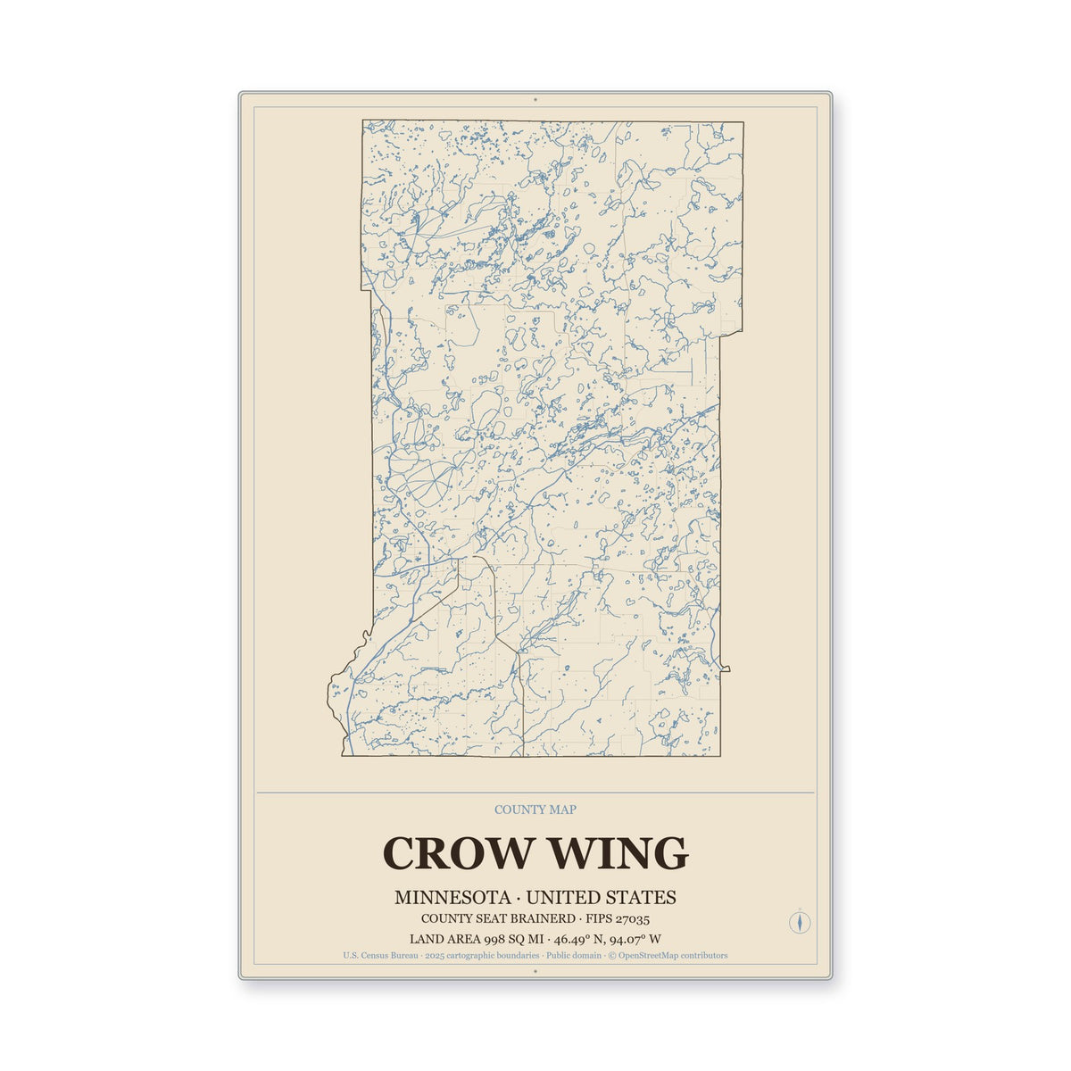 Crow Wing County, Minnesota Map Aluminum Sign in Heritage Nautical style