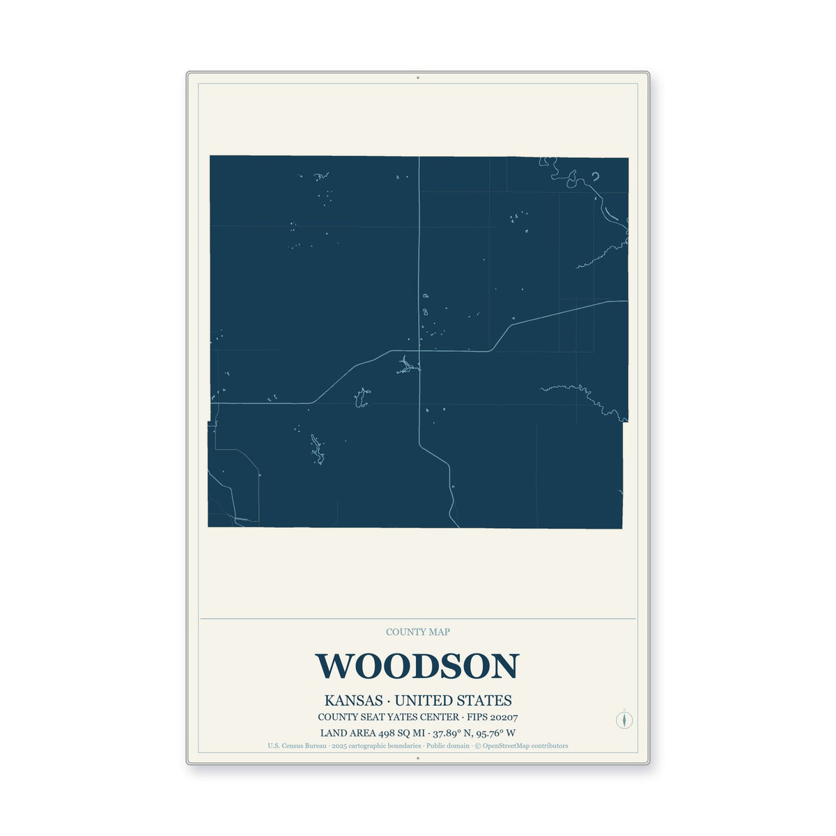 Woodson County, Kansas Map Aluminum Sign in Coastal Cutout style