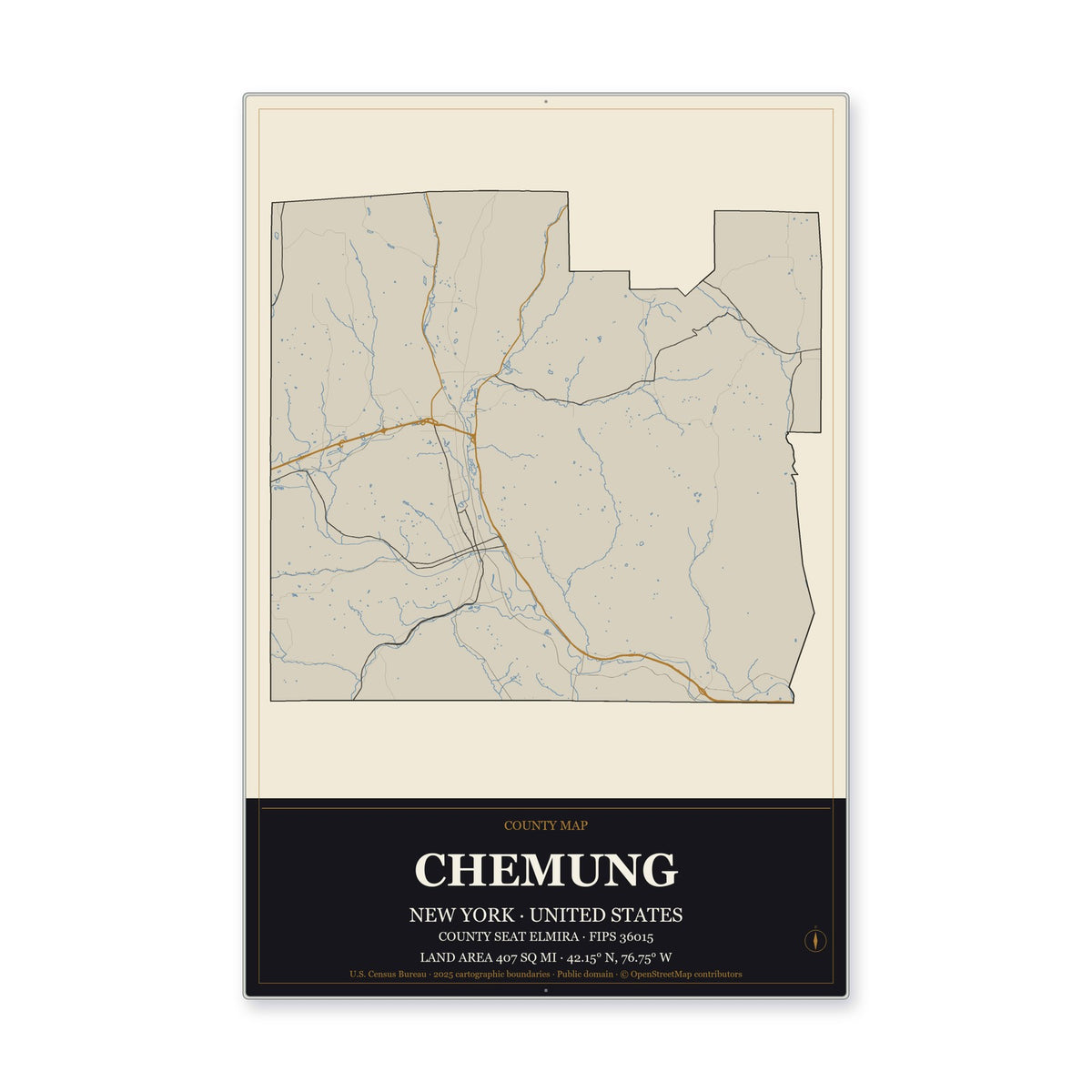 Chemung County, New York Map Aluminum Sign in Museum Plaque style