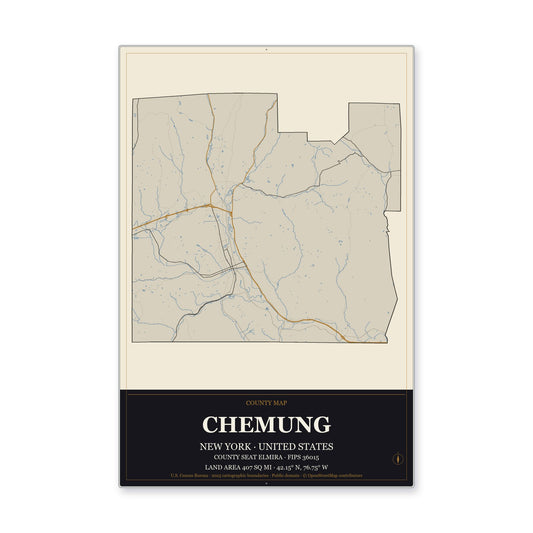 Chemung County, New York Map Aluminum Sign in Museum Plaque style