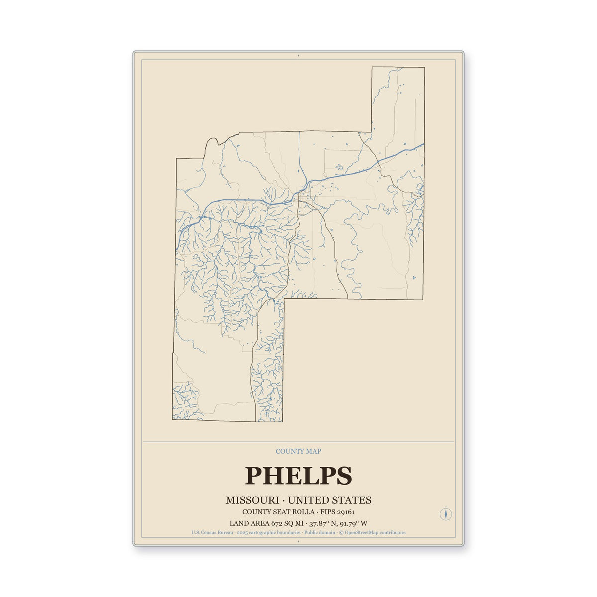 Phelps County, Missouri Map Aluminum Sign in Heritage Nautical style