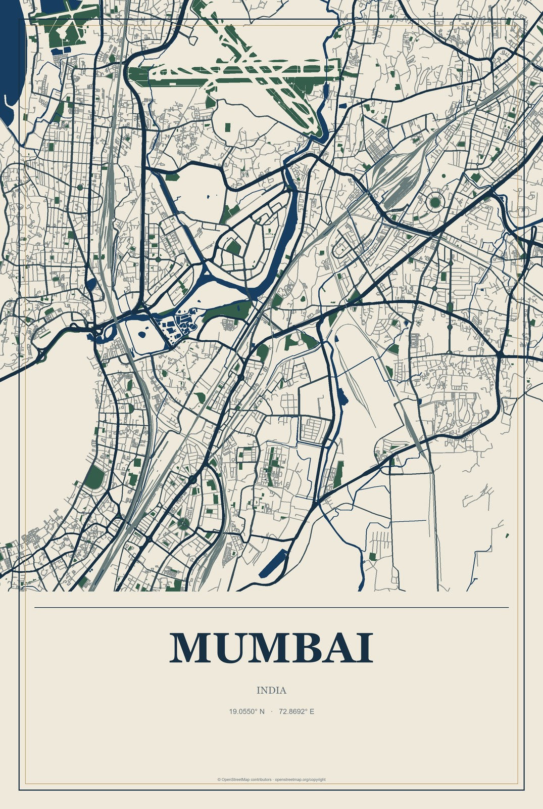 Mumbai, India City Map Aluminum Sign in Coastal Cutout style