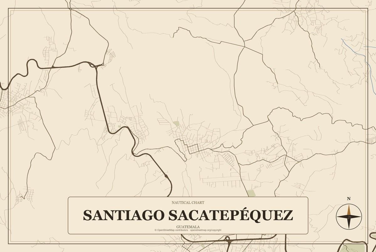 Santiago Sacatepéquez, Guatemala City Map Aluminum Sign in Heritage Nautical style