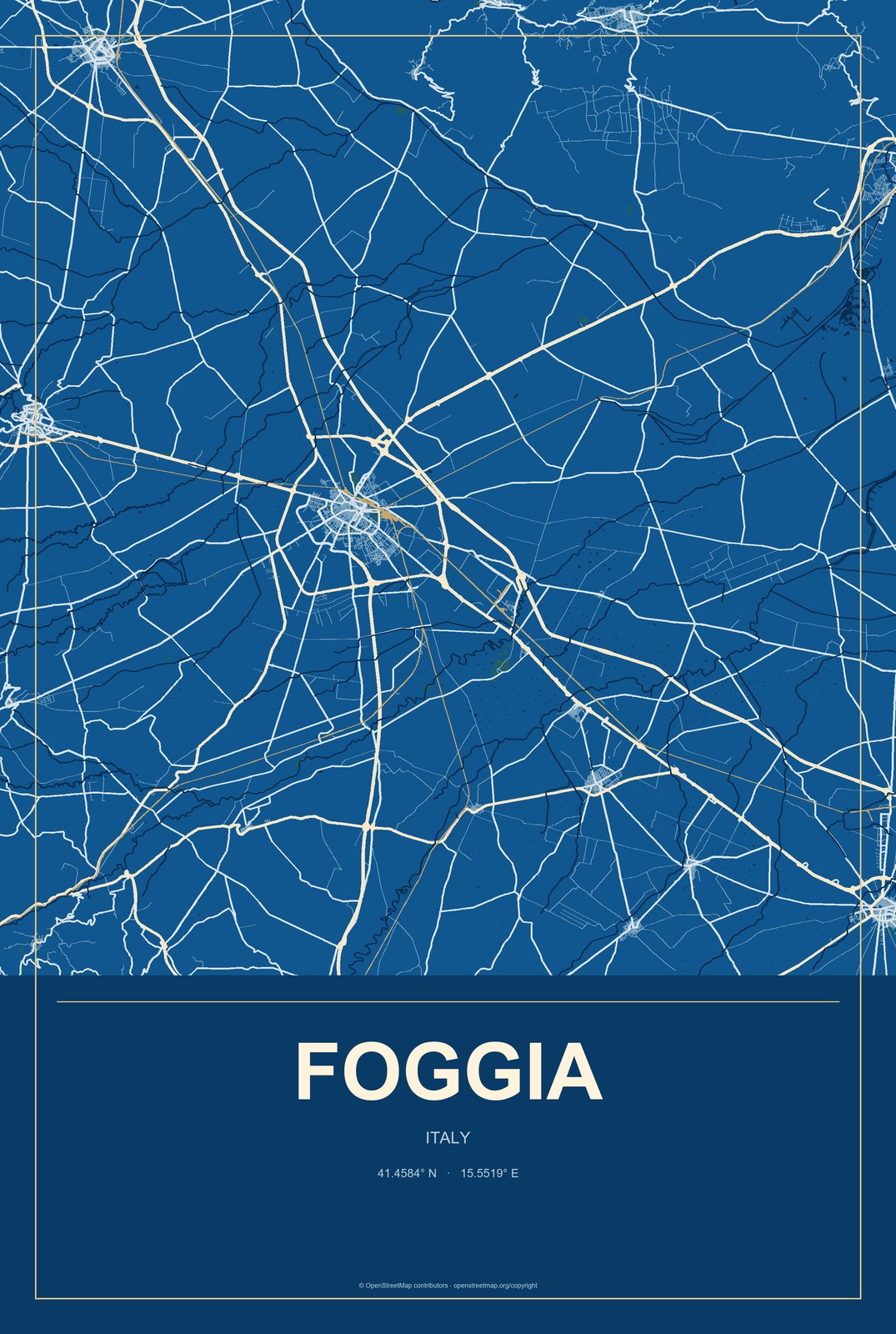 Foggia, Italy City Map Aluminum Sign in Harbor Cobalt style