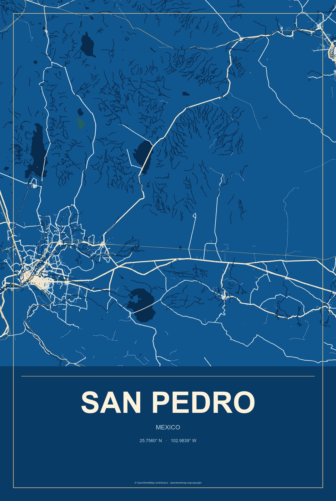 San Pedro, Mexico City Map Aluminum Sign in Harbor Cobalt style