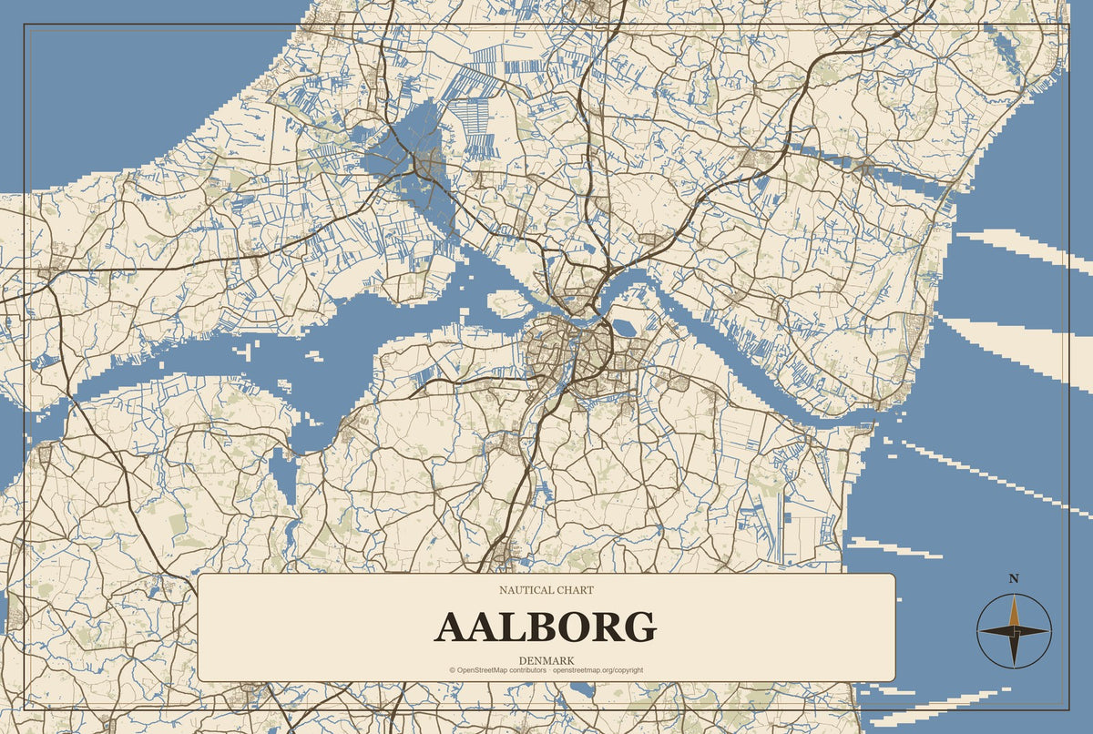 Aalborg, Denmark City Map Aluminum Sign in Heritage Nautical style