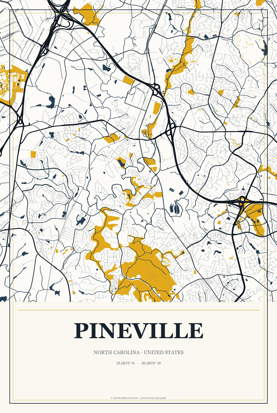 Pineville, North Carolina City Map Aluminum Sign in Citrine Modern style