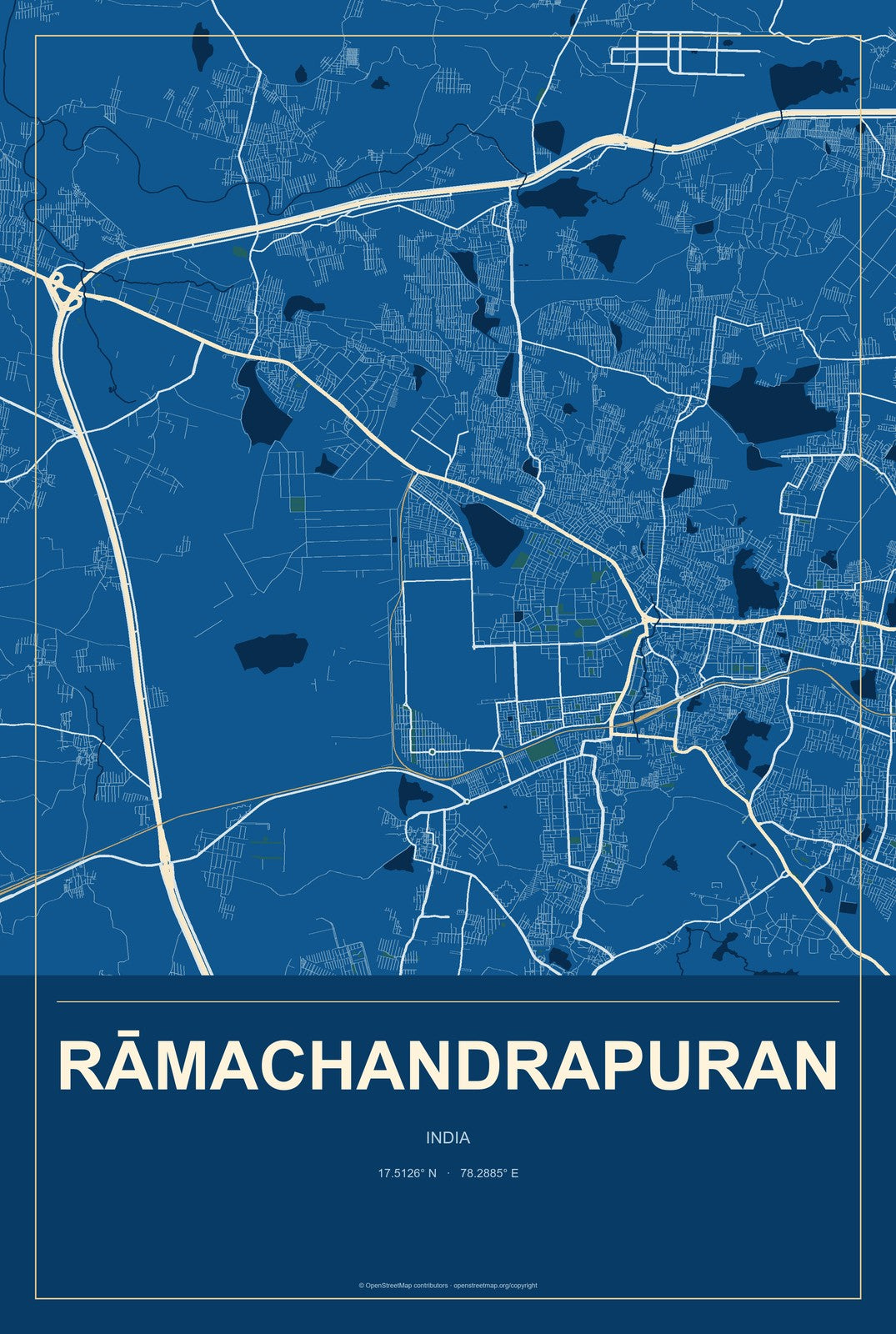 Rāmachandrapuran, India City Map Aluminum Sign in Harbor Cobalt style