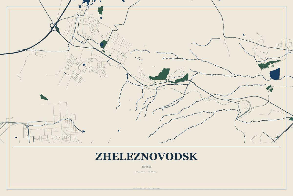 Zheleznovodsk, Russia City Map Aluminum Sign in Coastal Cutout style