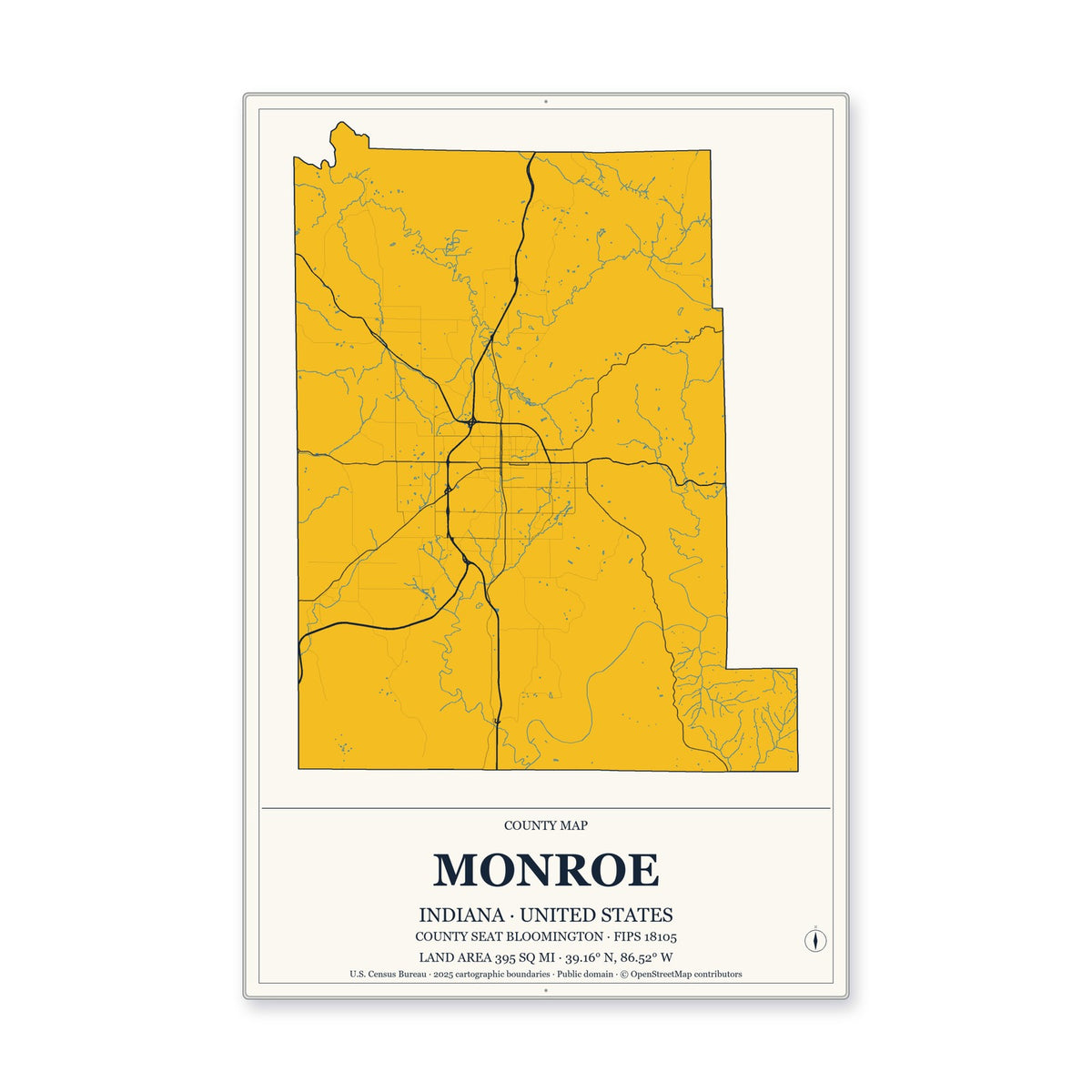 Monroe County, Indiana Map Aluminum Sign in Citrine Modern style