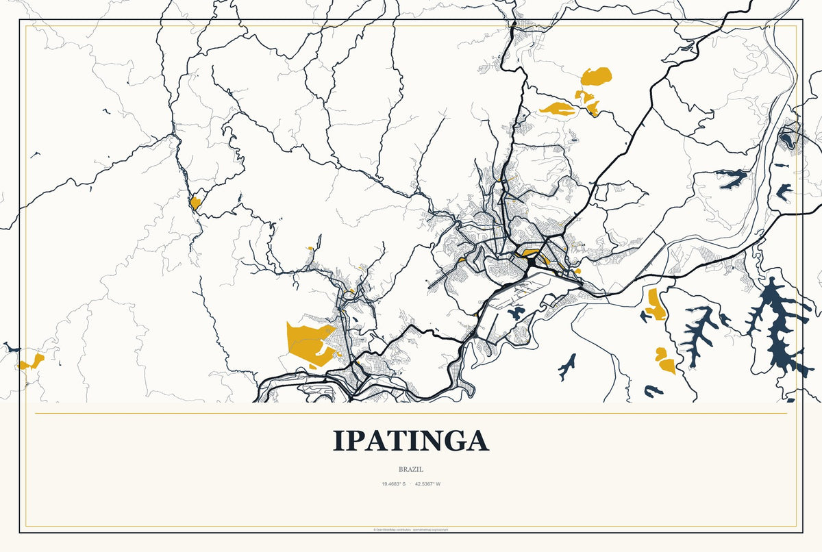 Ipatinga, Brazil City Map Aluminum Sign in Citrine Modern style