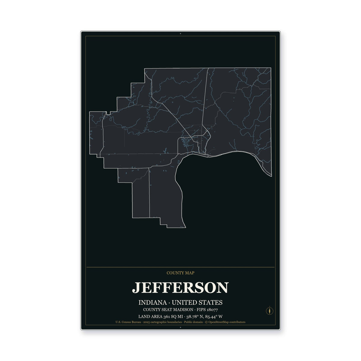 Jefferson County, Indiana Map Aluminum Sign in Metropolitan Noir style