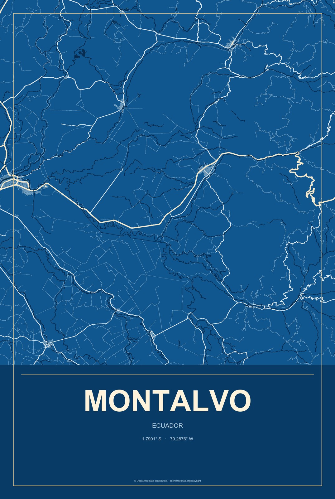 Montalvo, Ecuador City Map Aluminum Sign in Harbor Cobalt style