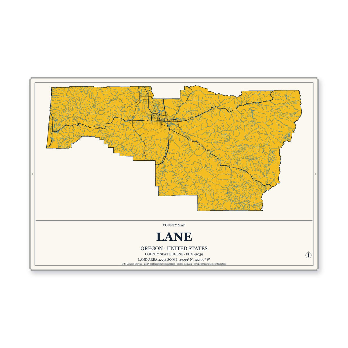 Lane County, Oregon Map Aluminum Sign in Citrine Modern style