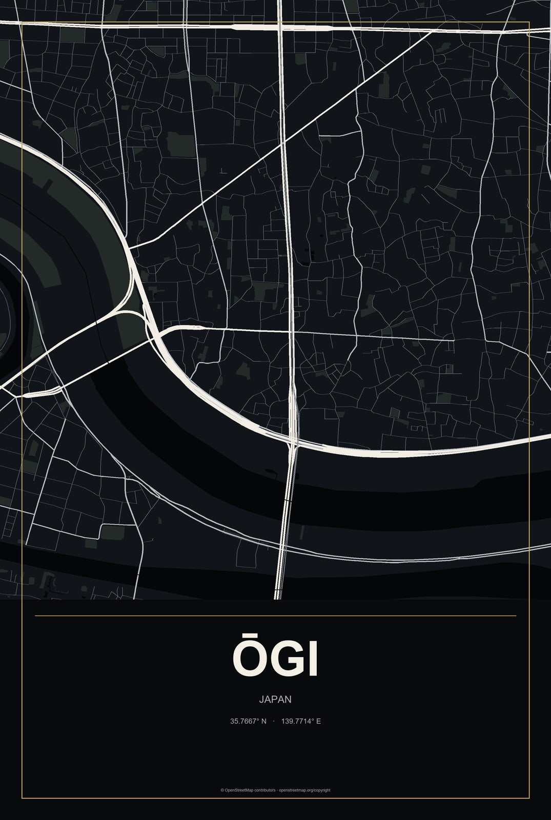 Ōgi, Japan City Map Aluminum Sign in Metropolitan Noir style