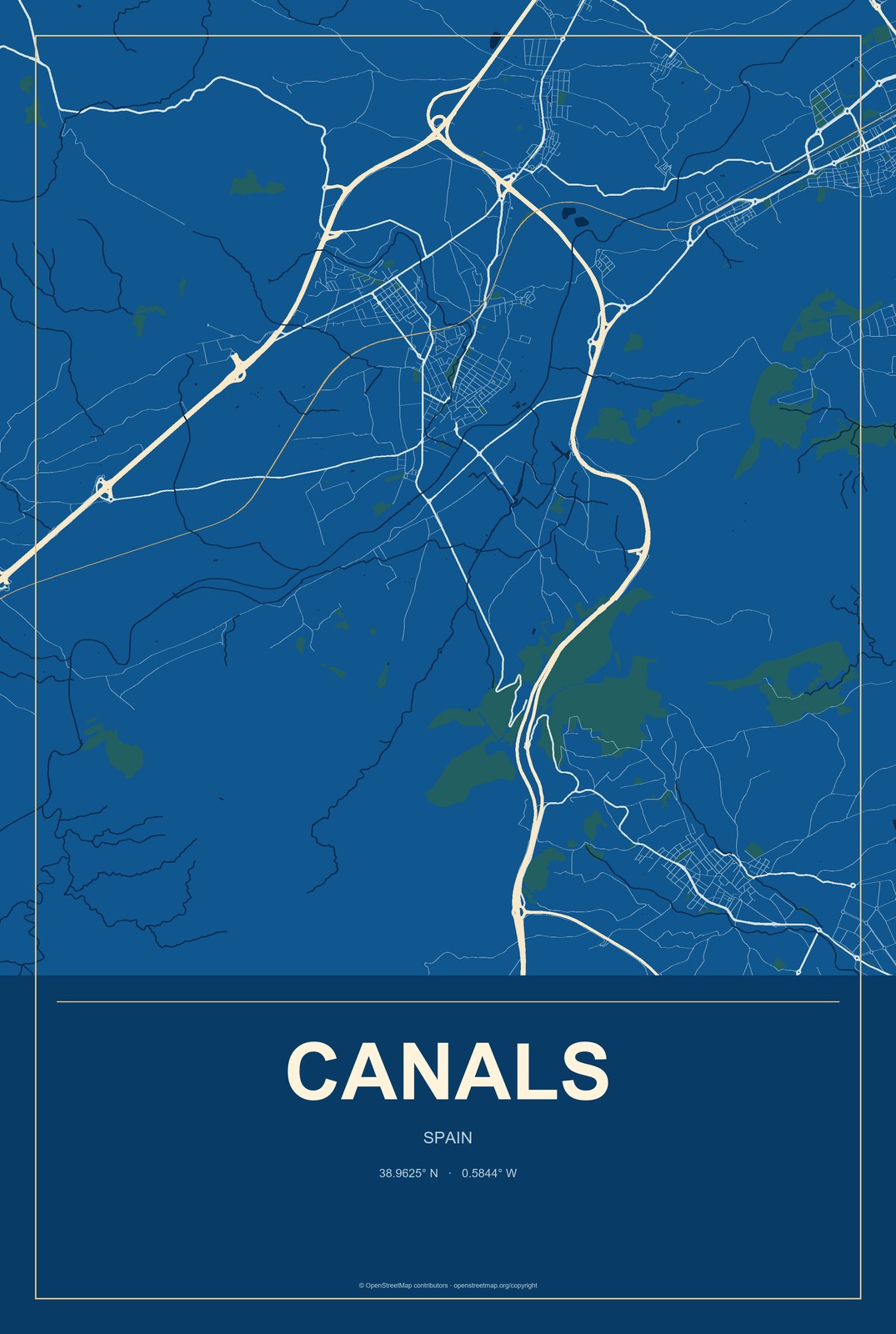 Canals, Spain City Map Aluminum Sign in Harbor Cobalt style