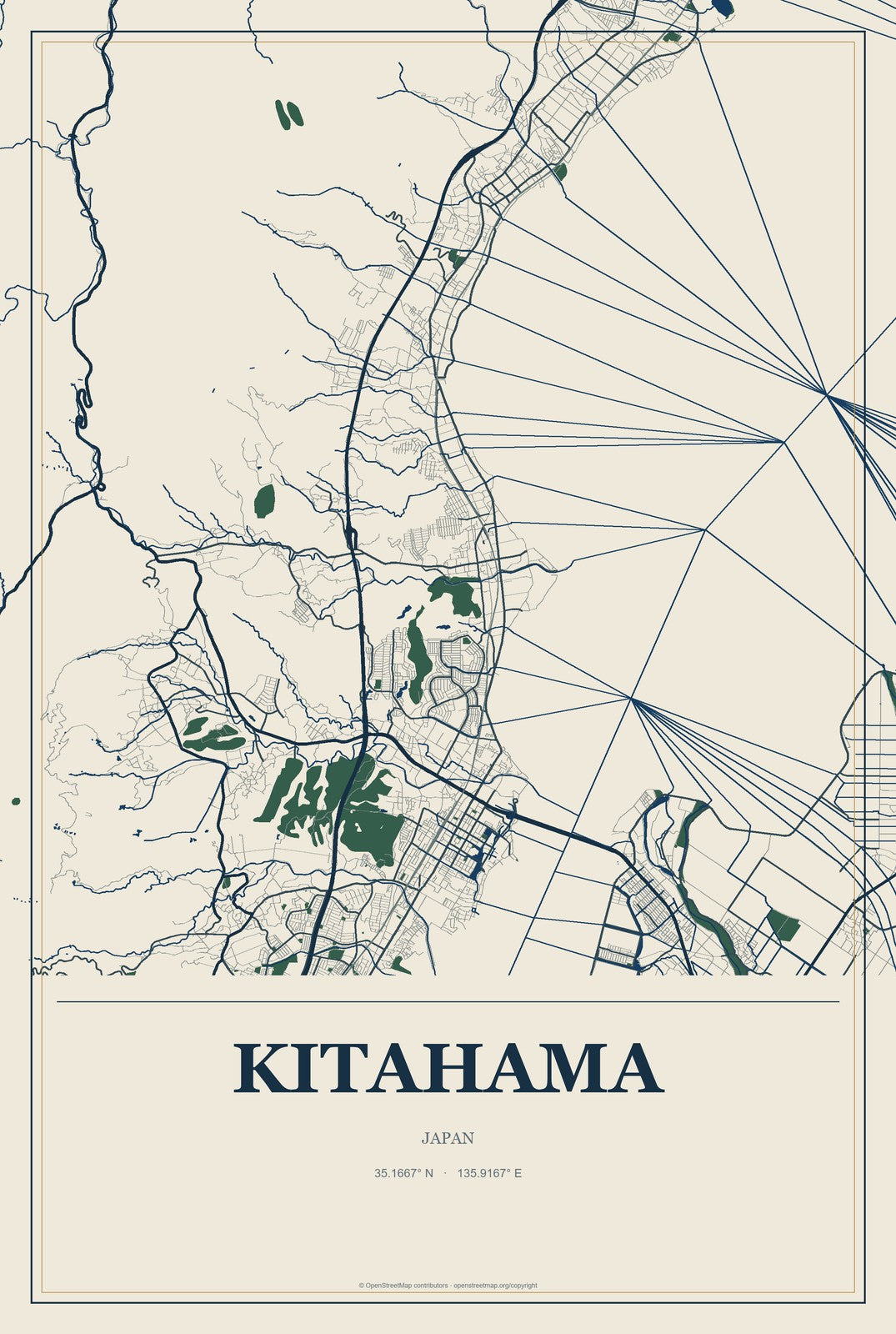 Kitahama, Japan City Map Aluminum Sign in Coastal Cutout style