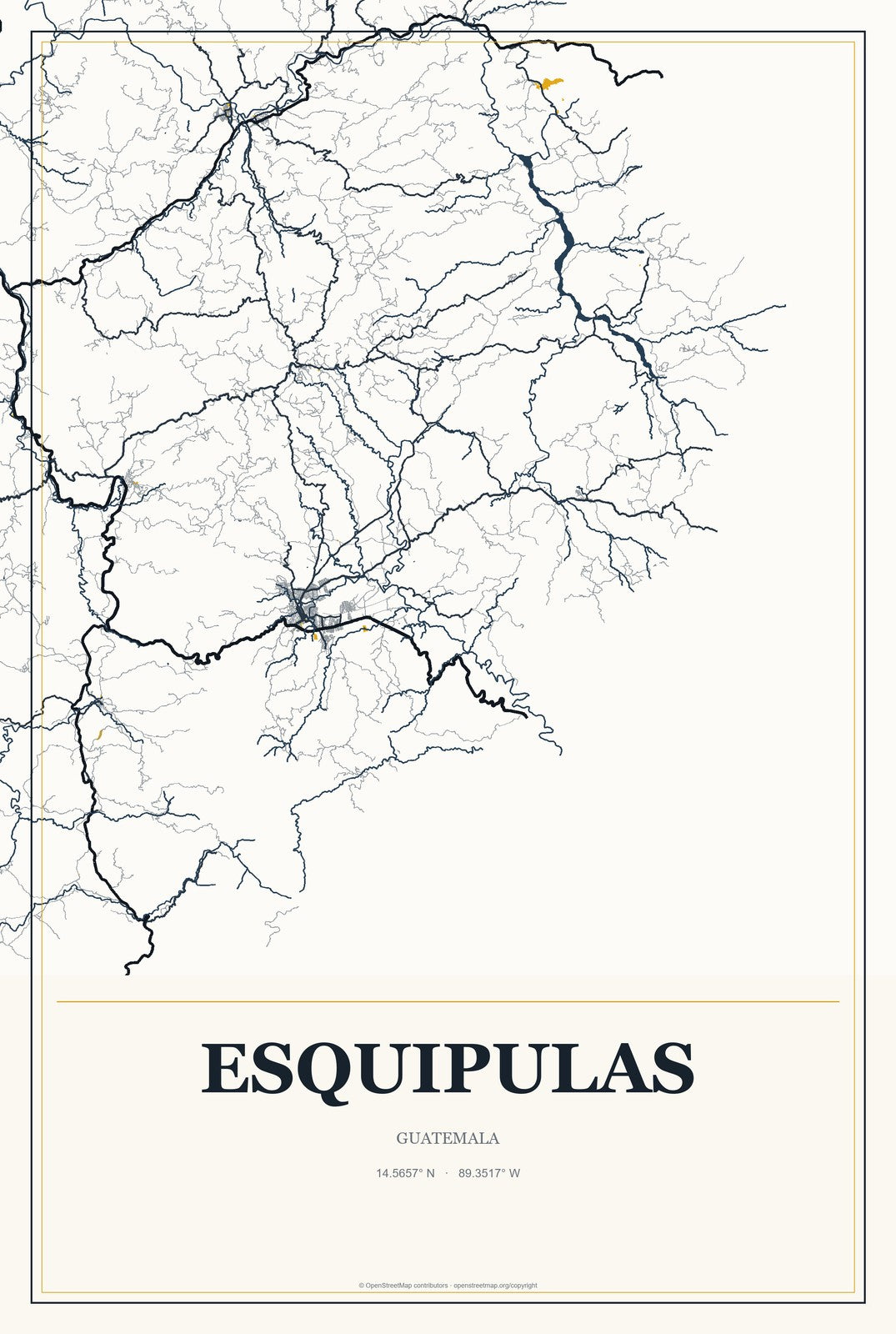 Esquipulas, Guatemala City Map Aluminum Sign in Citrine Modern style