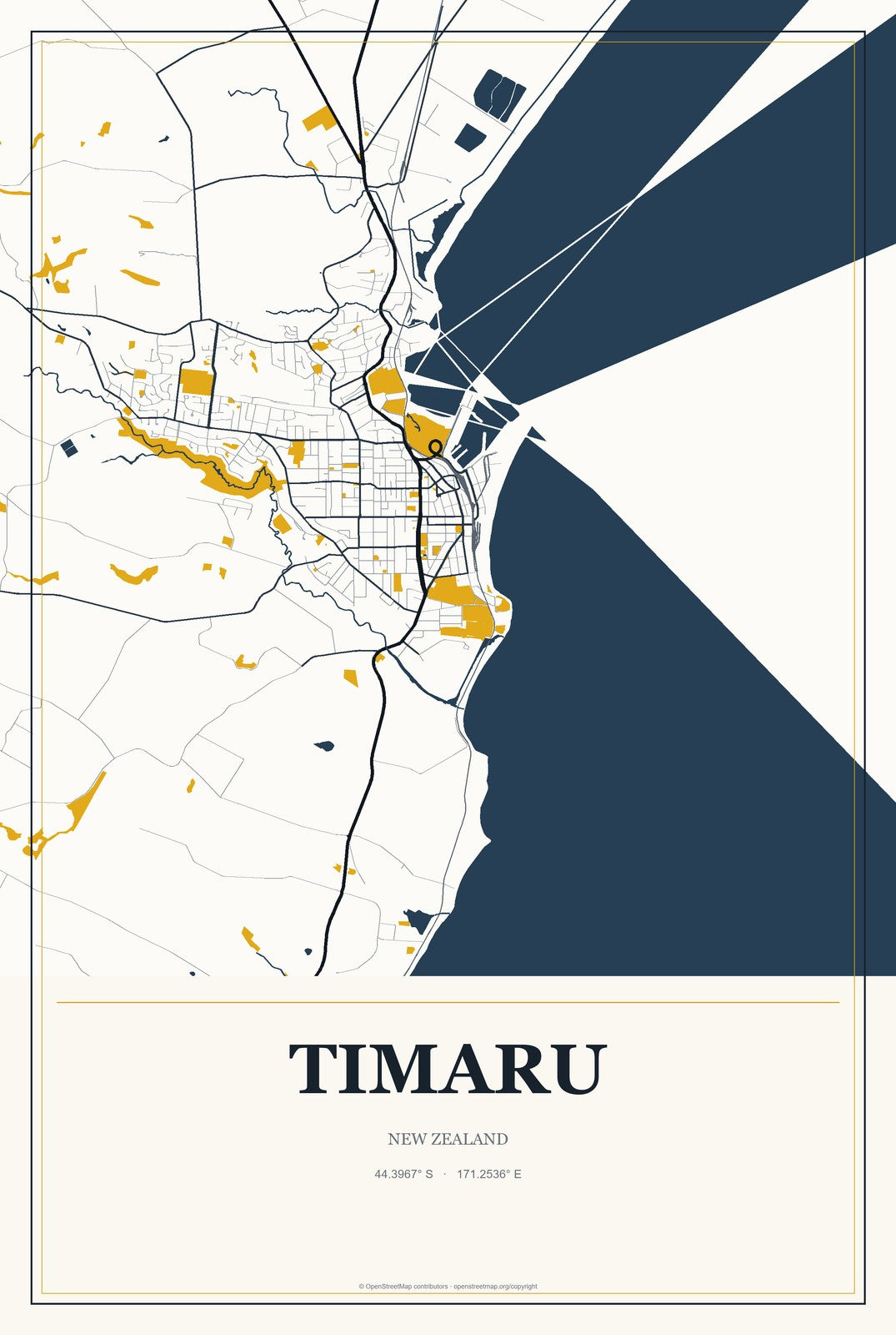 Timaru, New Zealand City Map Aluminum Sign in Citrine Modern style