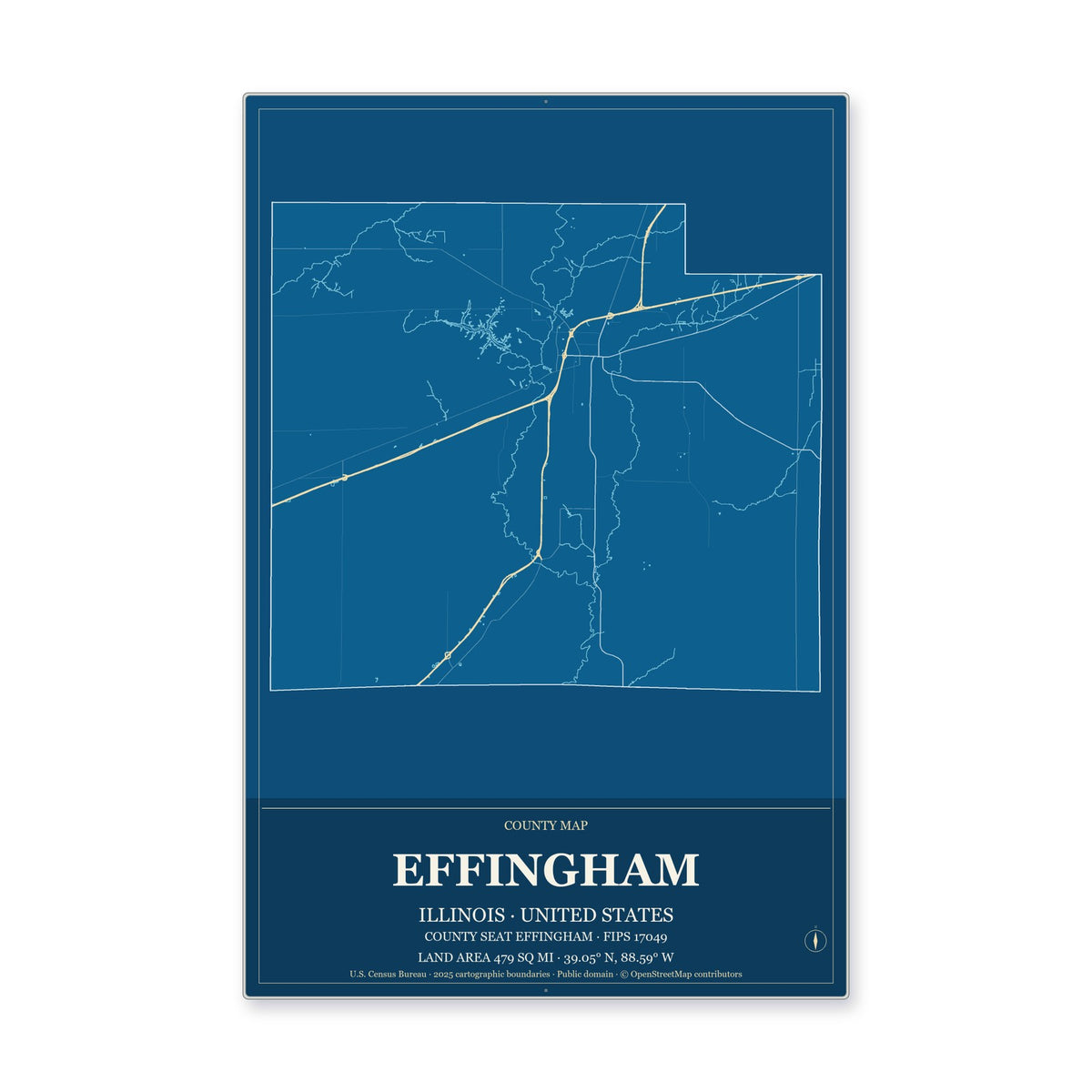 Effingham County, Illinois Map Aluminum Sign in Harbor Cobalt style
