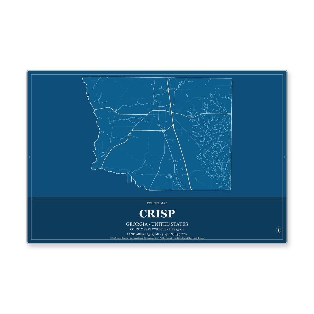 Crisp County, Georgia Map Aluminum Sign in Harbor Cobalt style
