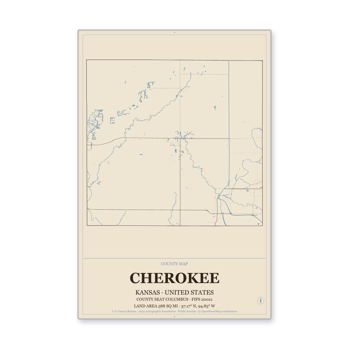 Cherokee County, Kansas Map Aluminum Sign in Heritage Nautical style