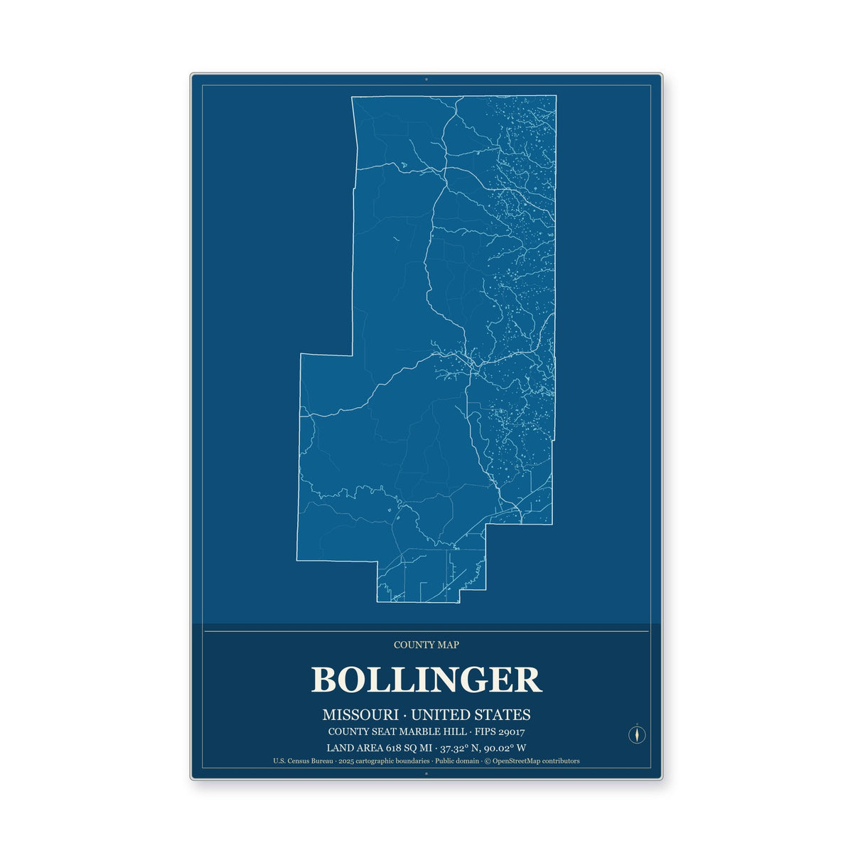 Bollinger County, Missouri Map Aluminum Sign in Harbor Cobalt style