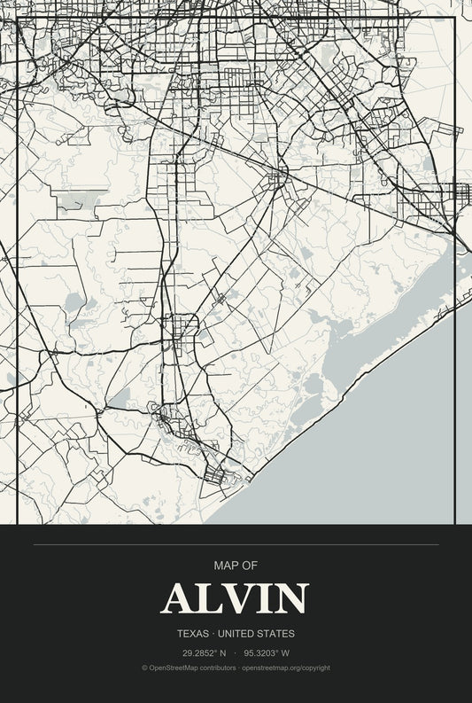 Alvin, Texas City Map Aluminum Sign in Museum Plaque style