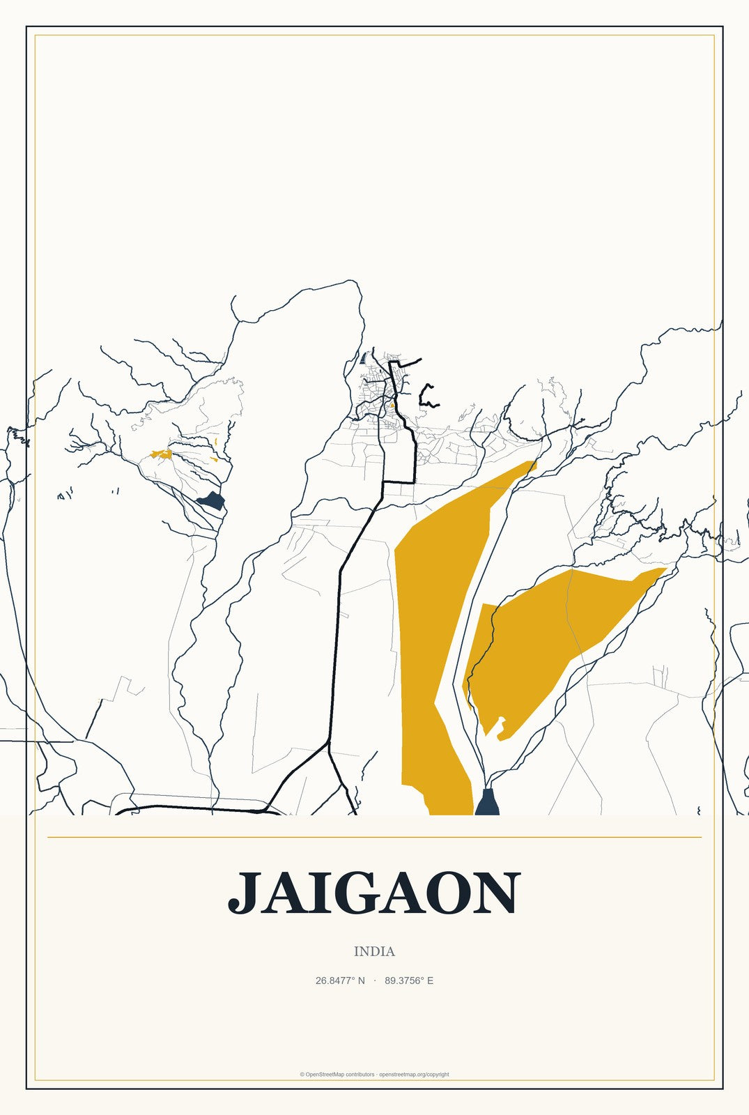 Jaigaon, India City Map Aluminum Sign in Citrine Modern style