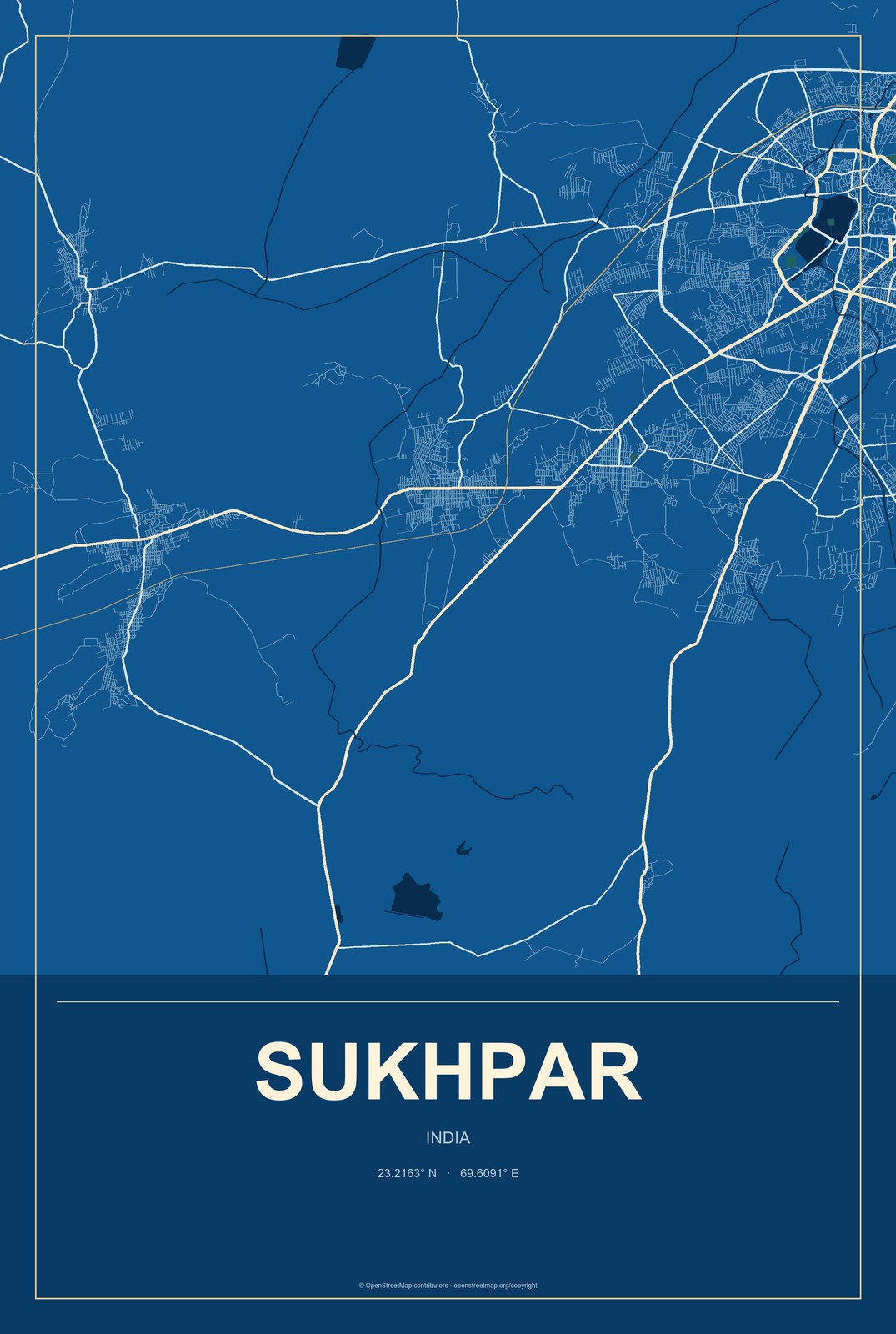 Sukhpar, India City Map Aluminum Sign in Harbor Cobalt style