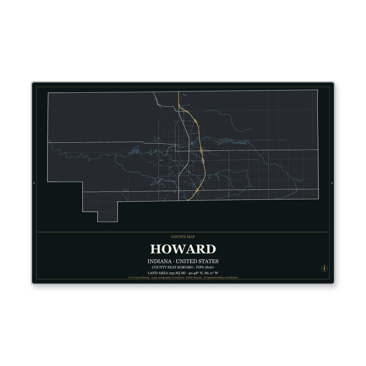 Howard County, Indiana Map Aluminum Sign in Metropolitan Noir style